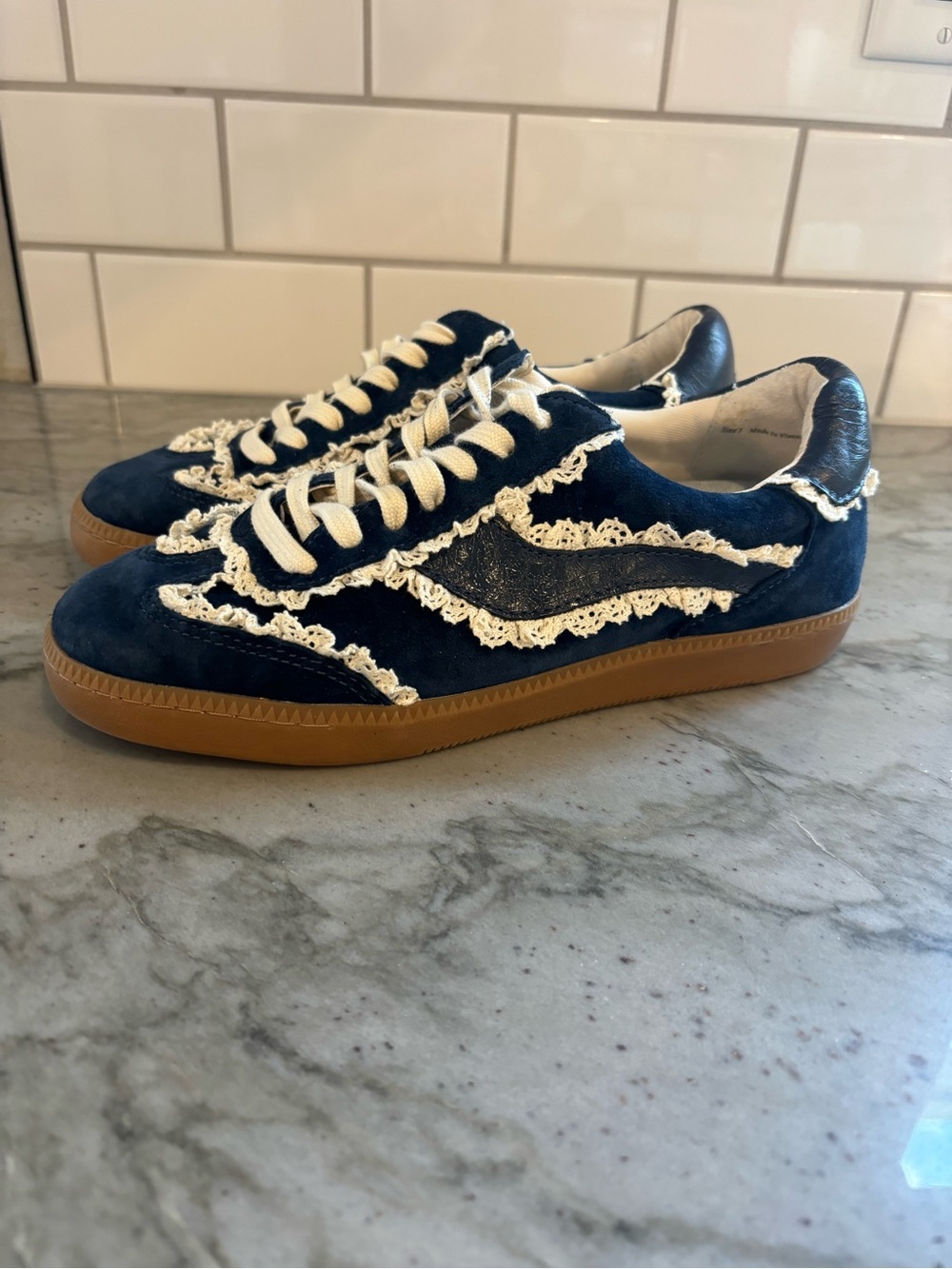 Dolce Vita Dole Navy Suede Sneakers with Cream Lace Trim